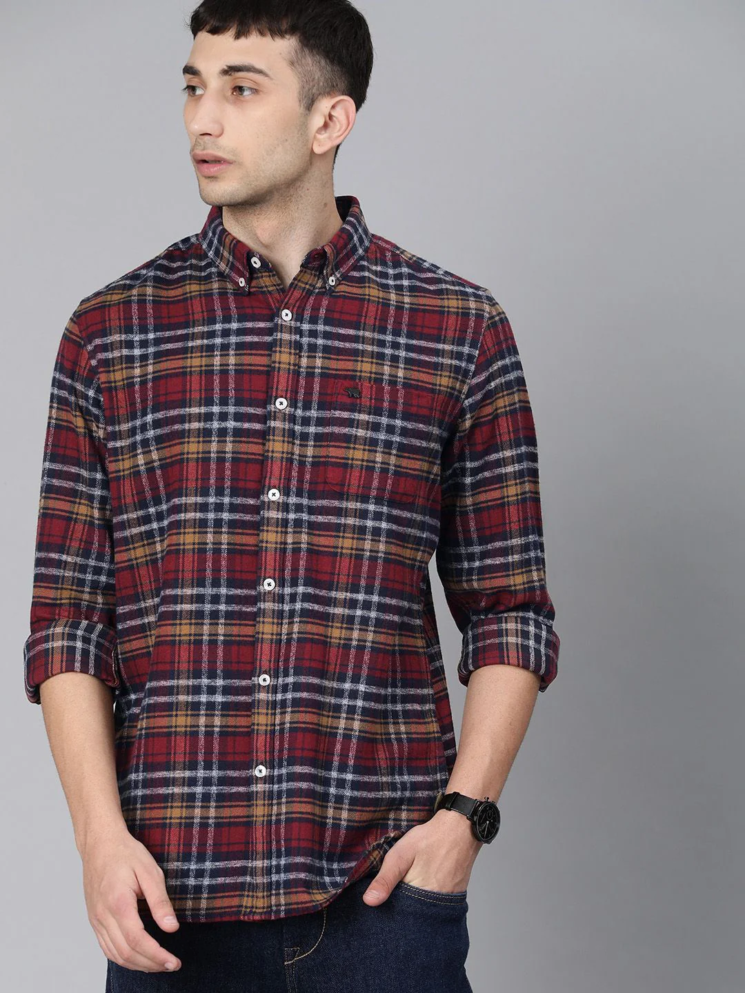 THE BEAR HOUSE Men Maroon & Navy Blue Slim Fit Checked Flannel Casual Shirt - Image 5