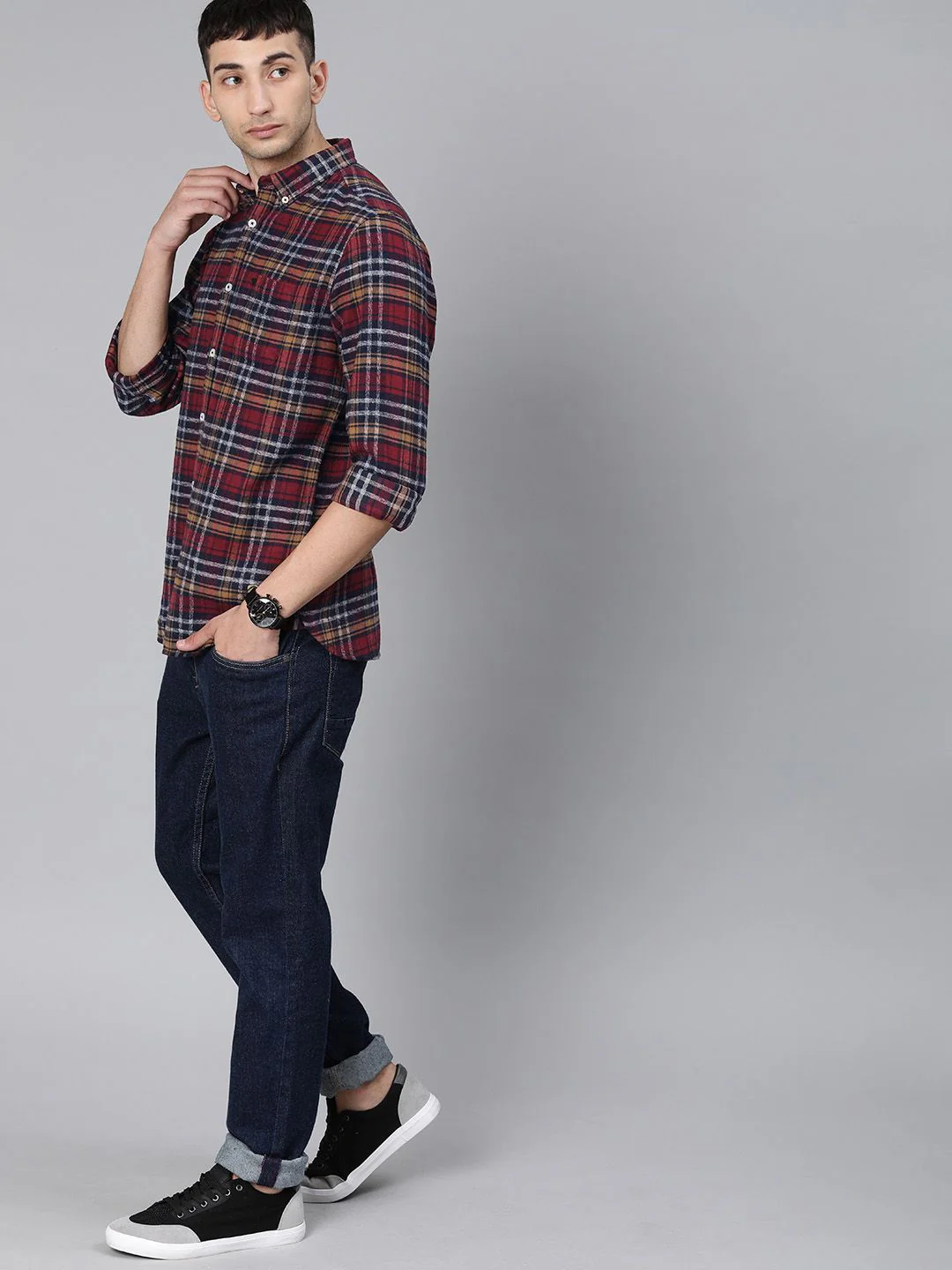 THE BEAR HOUSE Men Maroon & Navy Blue Slim Fit Checked Flannel Casual Shirt - Image 6