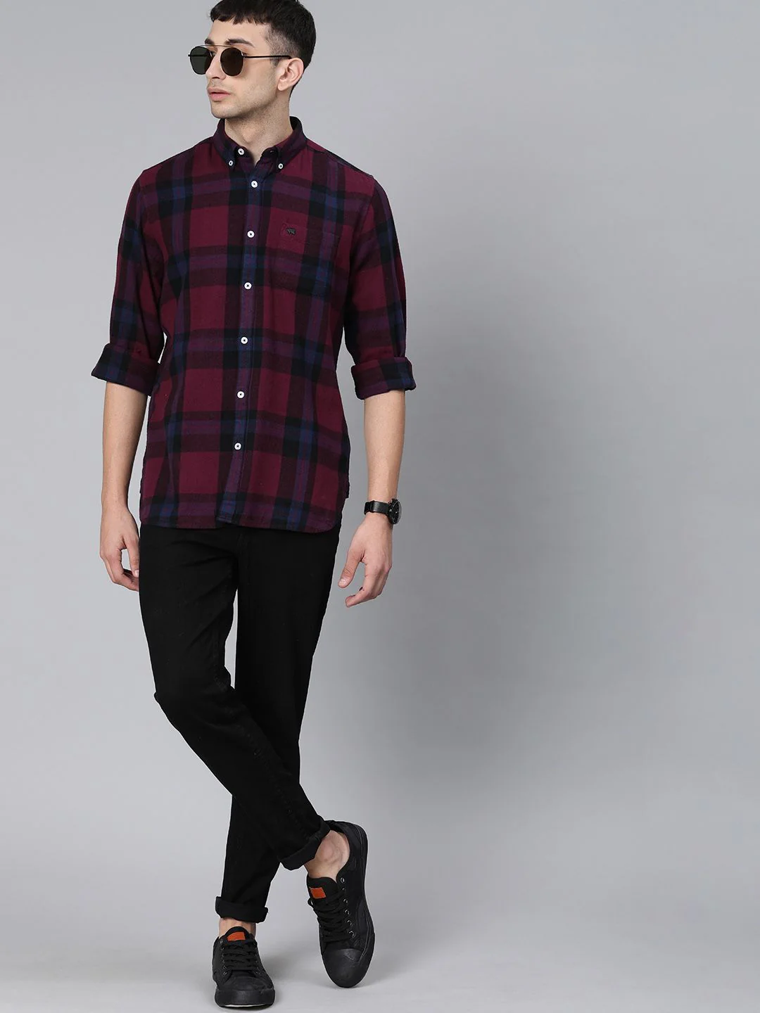 THE BEAR HOUSE Men Maroon & Navy Blue Slim Fit Checked Flannel Casual Shirt - Image 6