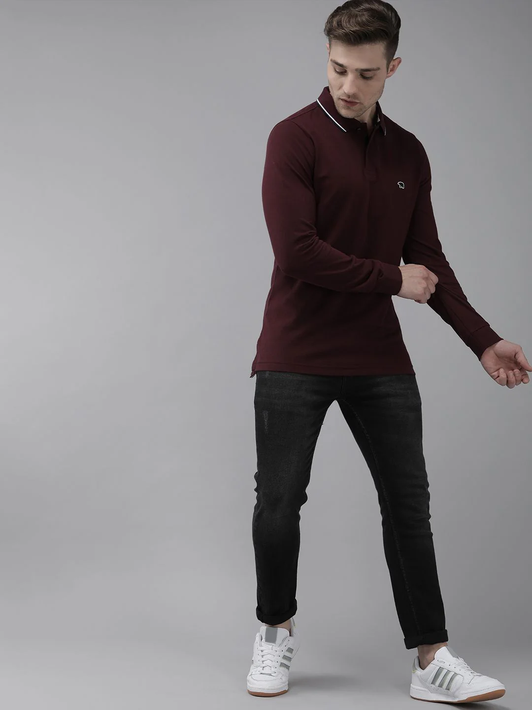 THE BEAR HOUSE Men Maroon Polo Collar Cuffed Sleeves Cotton Applique Slim Fit T-shirt - Image 4