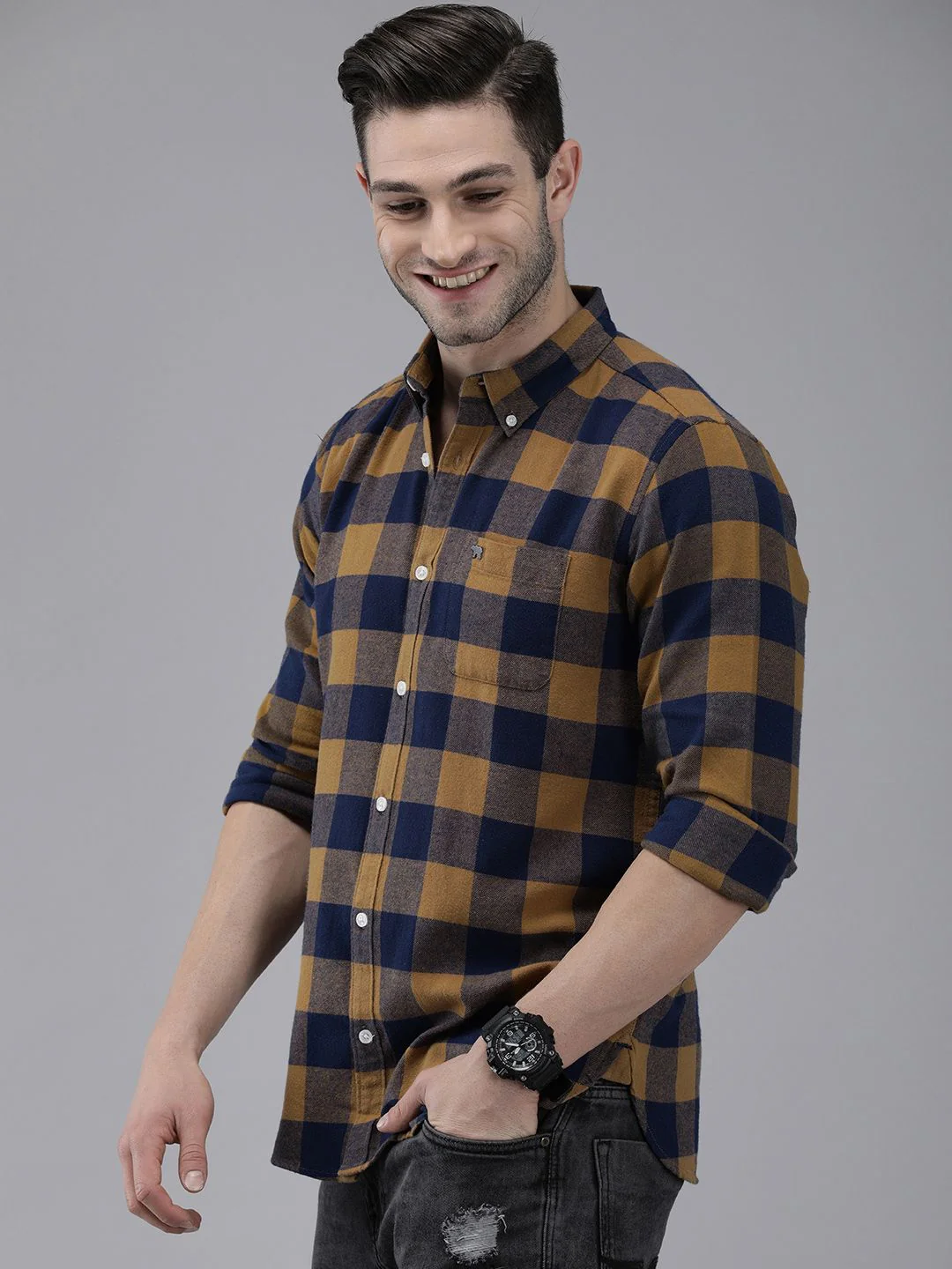 THE BEAR HOUSE Men Mustard Yellow Slim Fit Checked Flannel Pure Cotton Casual Shirt - Image 5