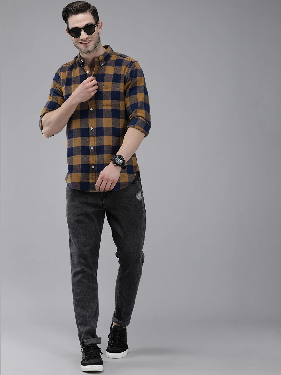 THE BEAR HOUSE Men Mustard Yellow Slim Fit Checked Flannel Pure Cotton Casual Shirt - Image 6