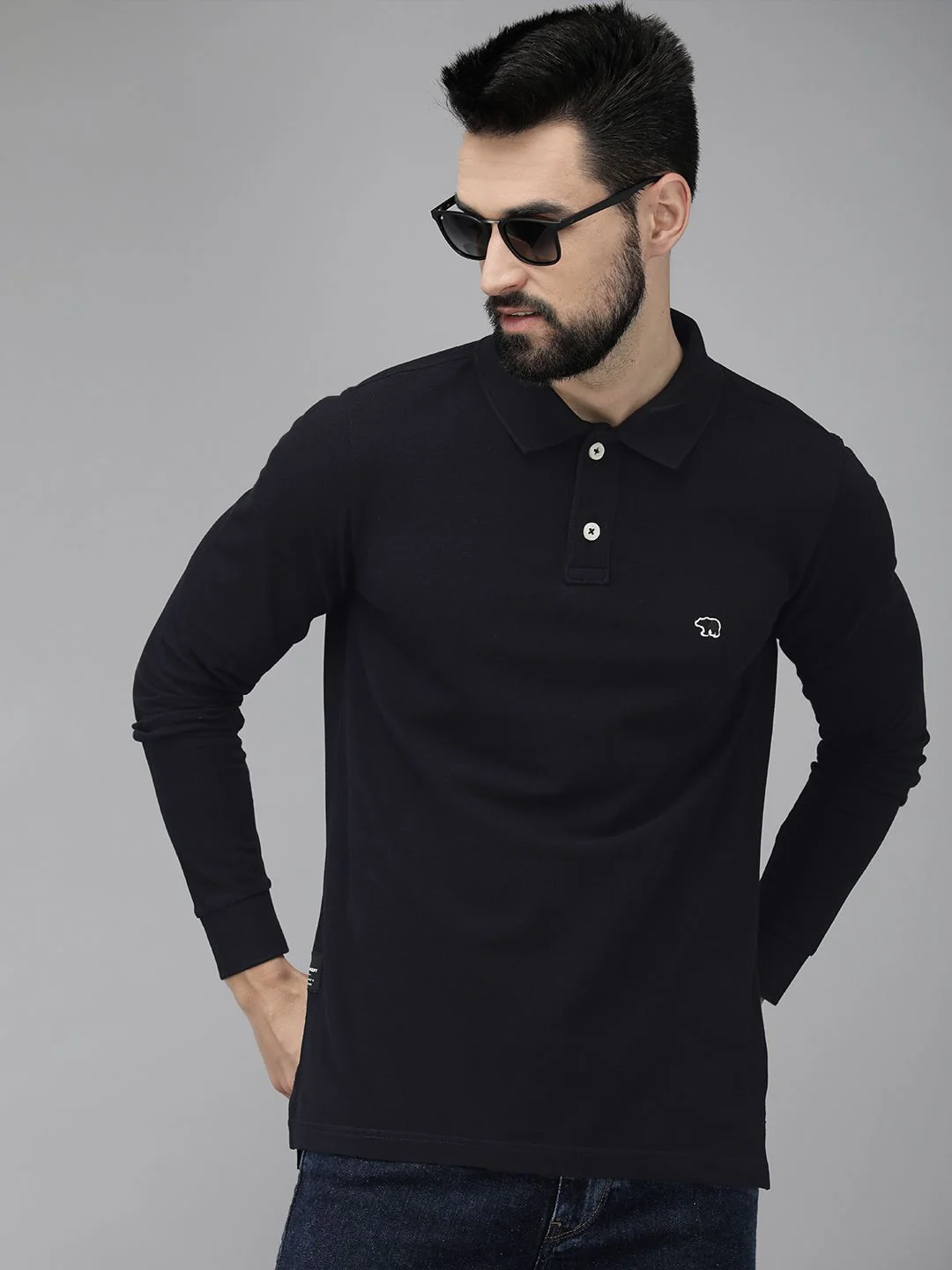 THE BEAR HOUSE Men Navy Blue Pure Cotton Solid Polo Collar Slim Fit T-shirt