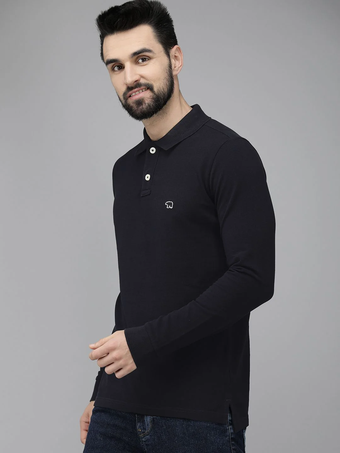 THE BEAR HOUSE Men Navy Blue Pure Cotton Solid Polo Collar Slim Fit T-shirt - Image 3