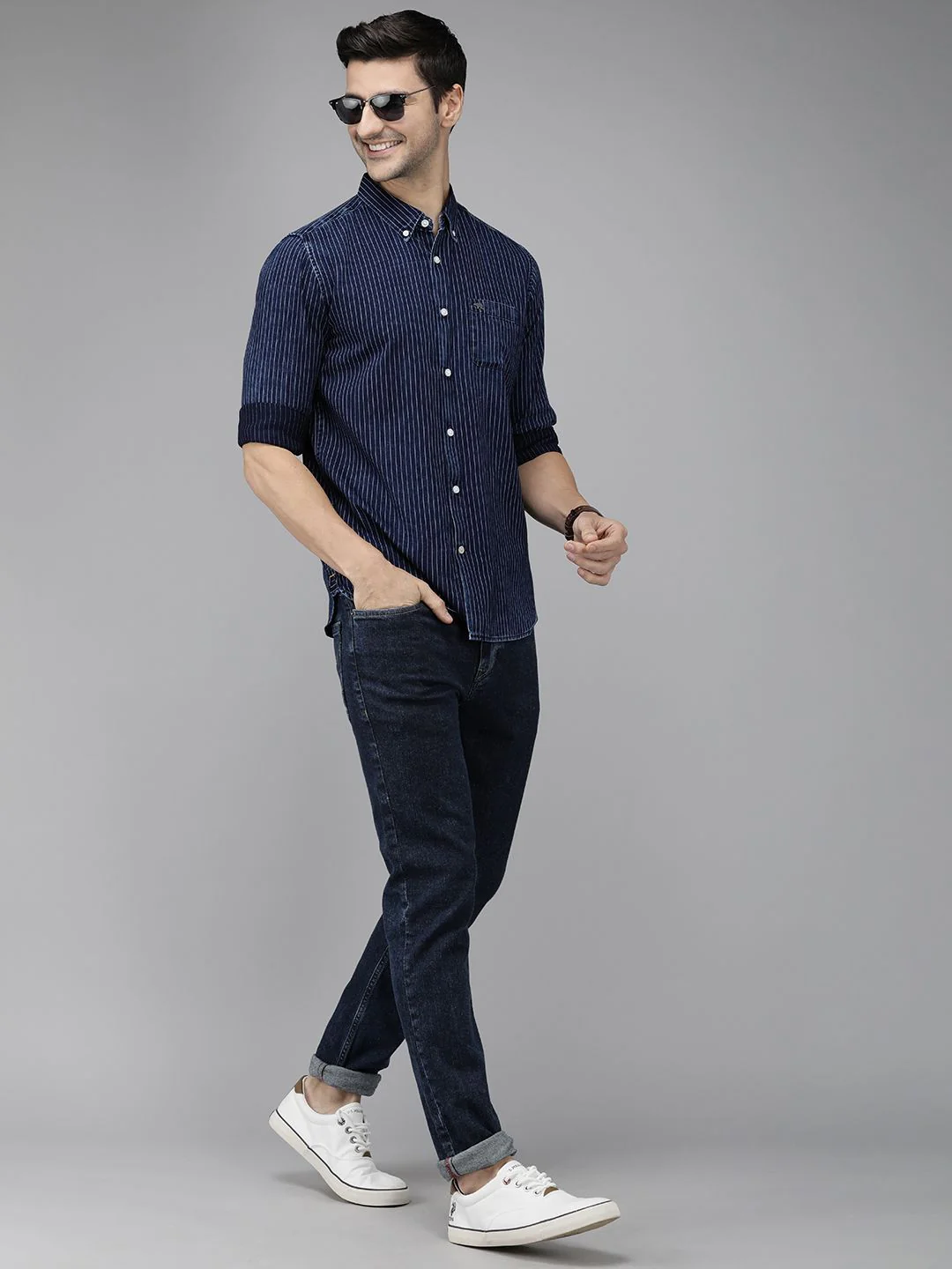 THE BEAR HOUSE Men Navy Blue Pure Cotton Striped Slim Fit Casual Shirt - Image 4