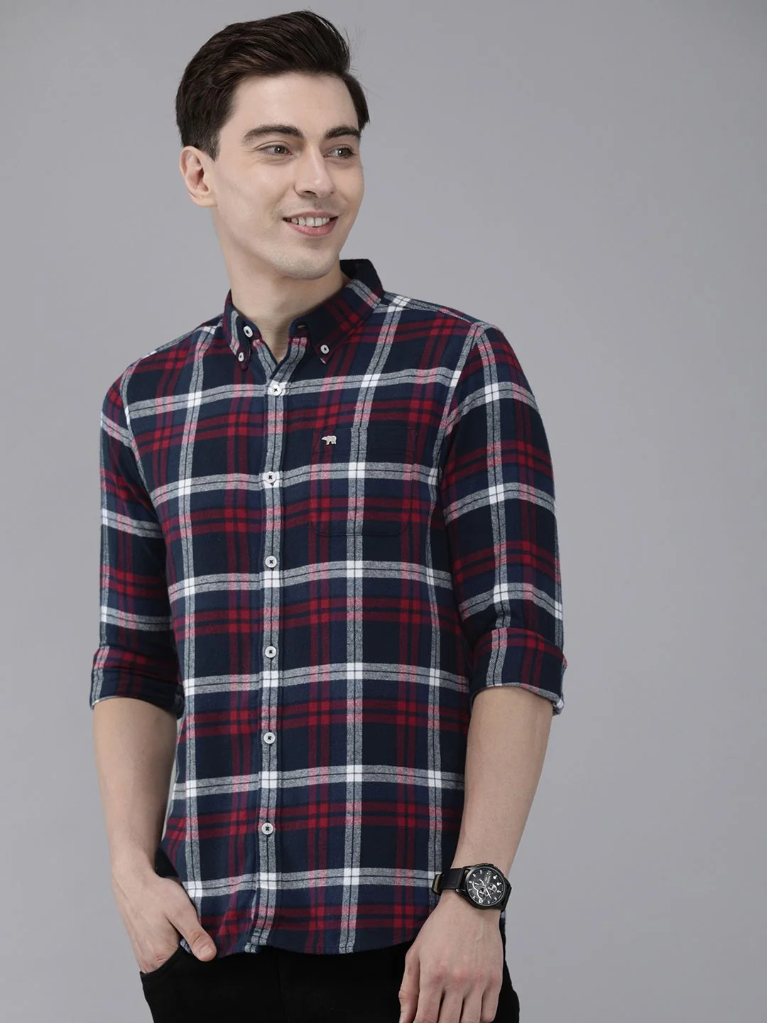 THE BEAR HOUSE Men Navy Blue Slim Fit Tartan Checked Flannel Pure Cotton Casual Shirt - Image 5