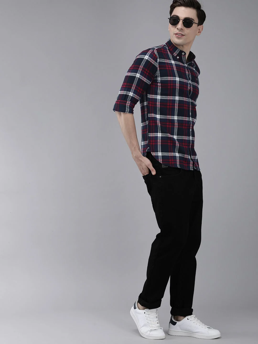 THE BEAR HOUSE Men Navy Blue Slim Fit Tartan Checked Flannel Pure Cotton Casual Shirt - Image 6