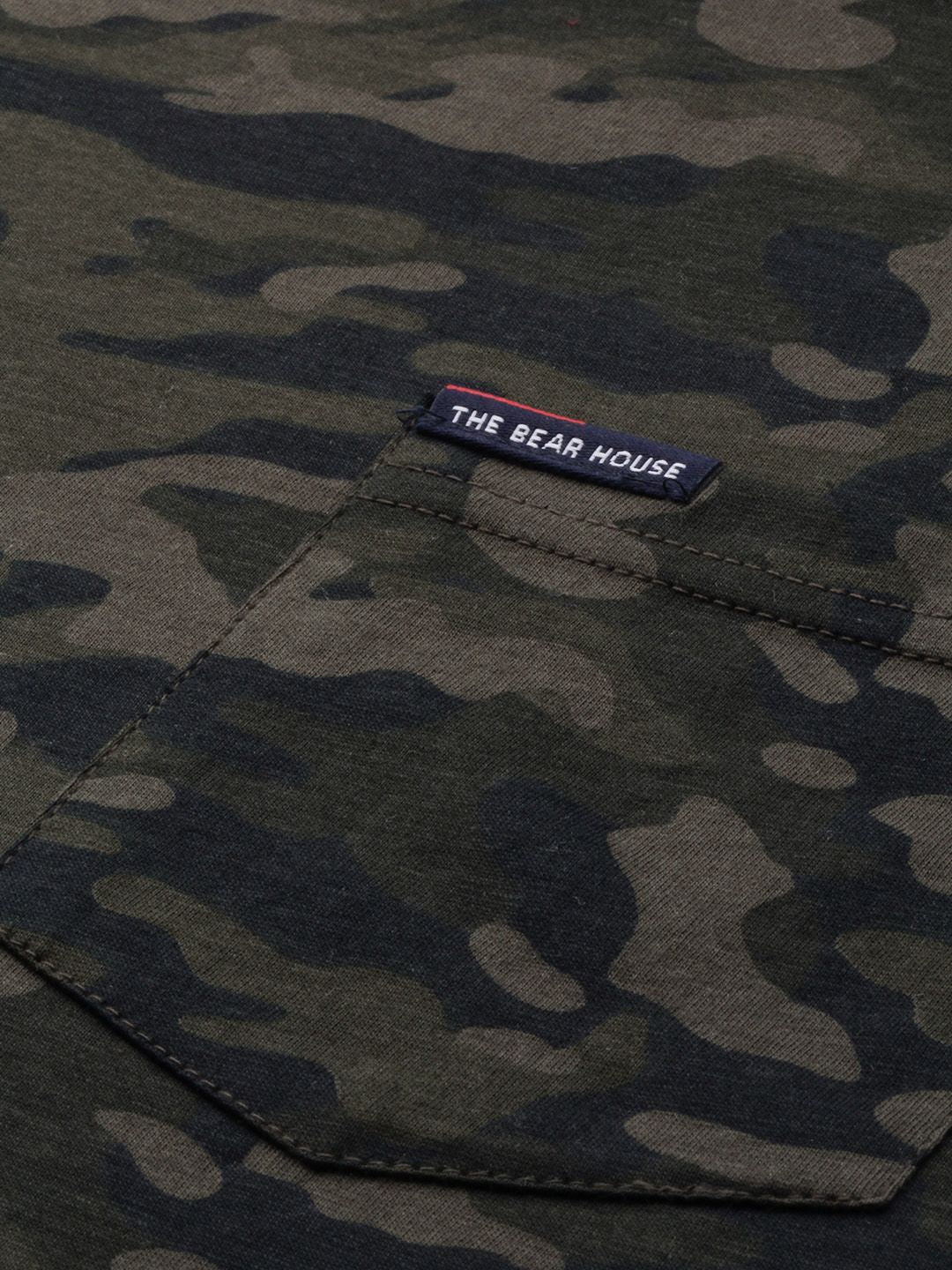 THE BEAR HOUSE Men Olive Green Black Slim Fit Camouflage Printed Round Neck Pure Cotton T-shirt - Image 2