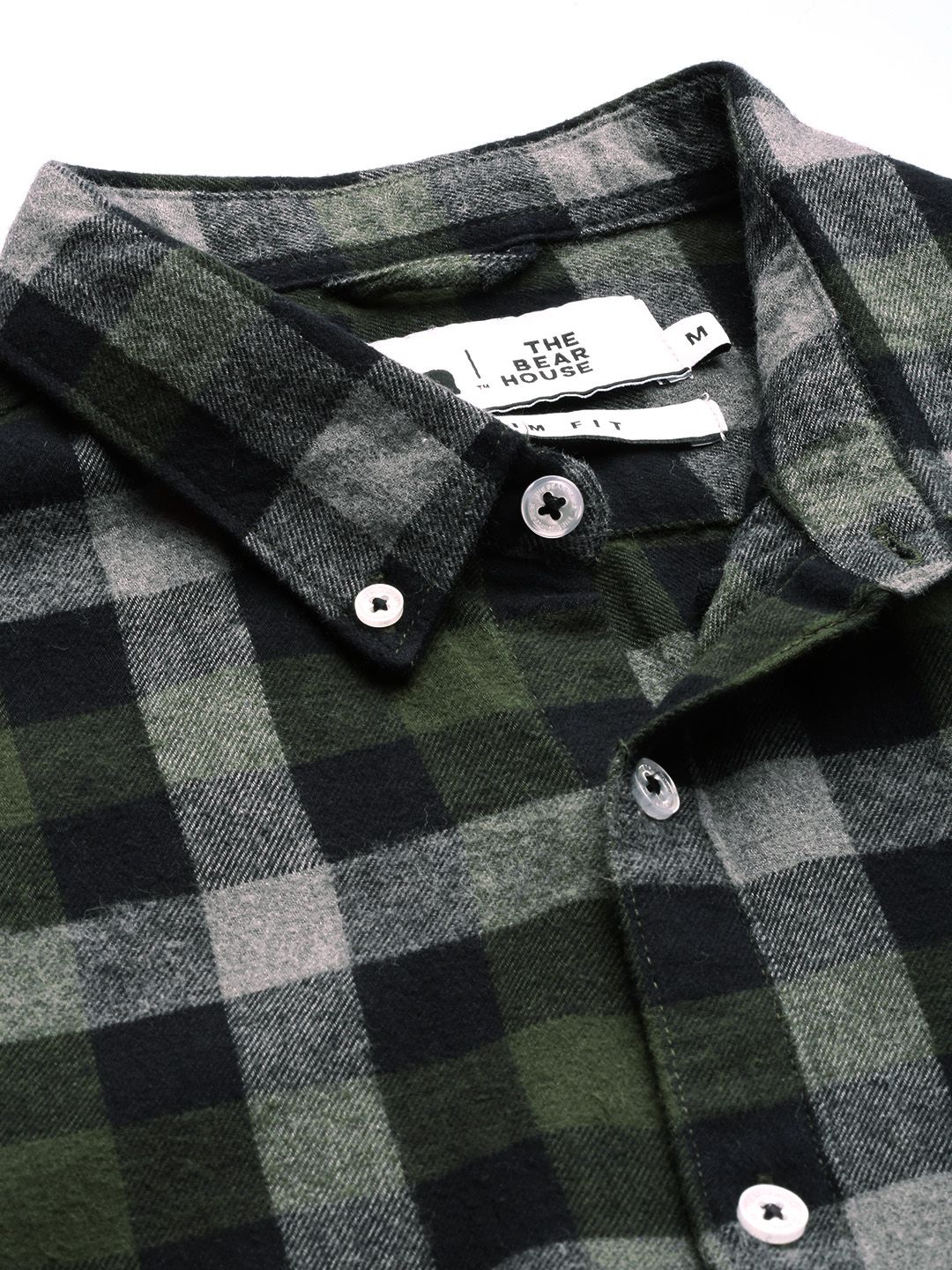 THE BEAR HOUSE Men Olive Green & Grey Slim Fit Checked Flannel Casual Shirt - Image 2