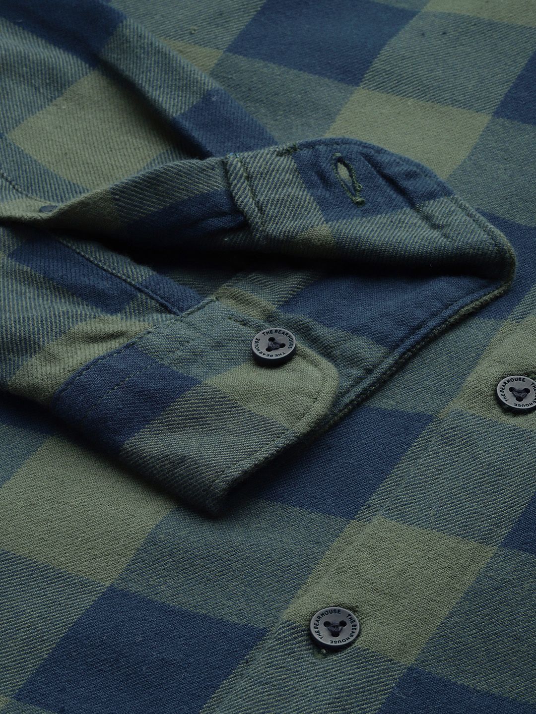 THE BEAR HOUSE Men Olive Green & Navy Blue Pure Cotton Slim Fit Checked Flannel Shirt - Image 3