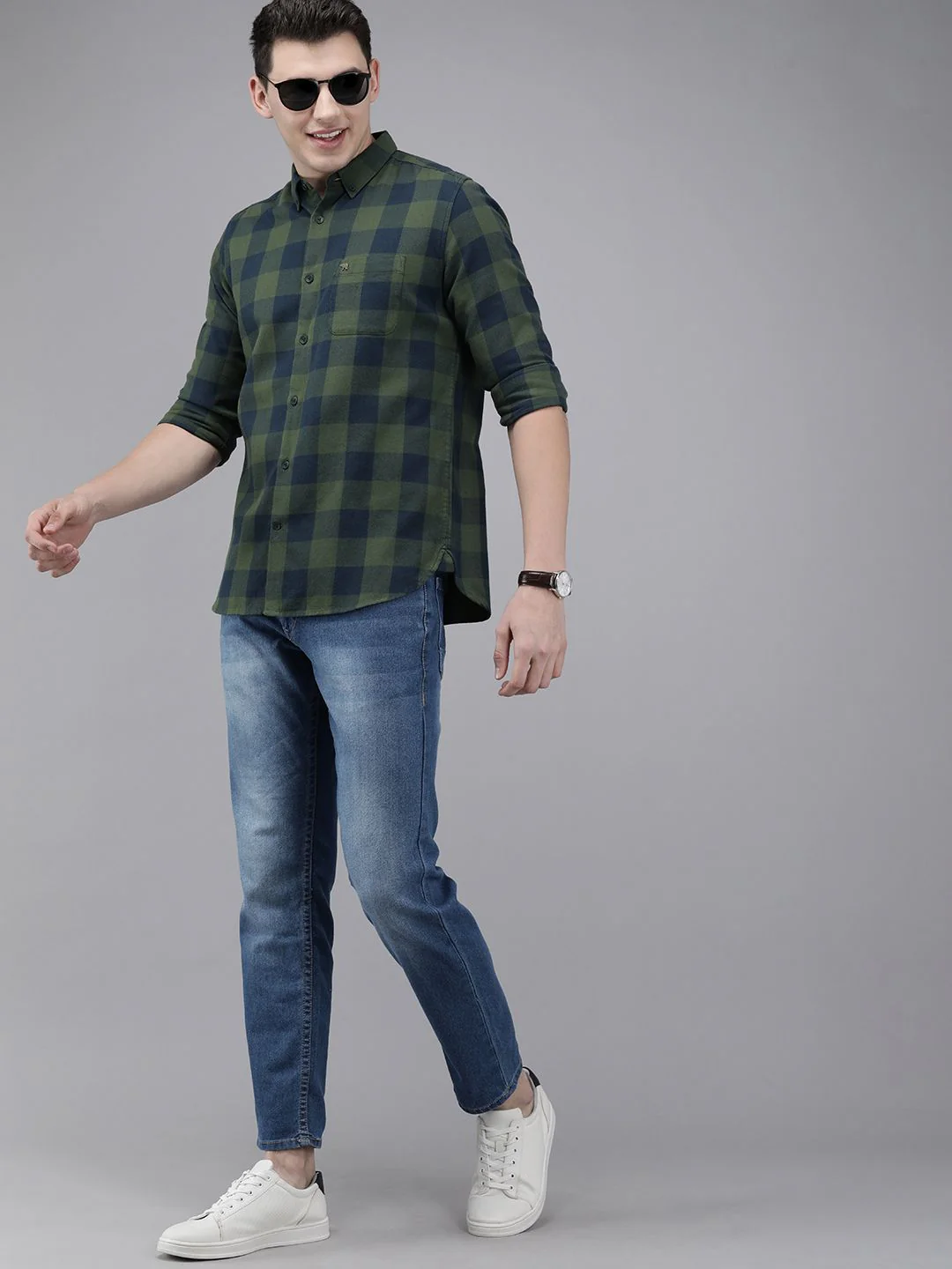 THE BEAR HOUSE Men Olive Green & Navy Blue Pure Cotton Slim Fit Checked Flannel Shirt - Image 6
