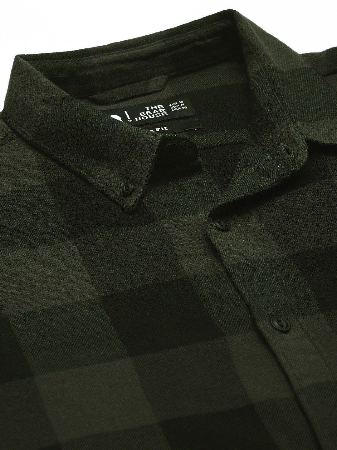 THE BEAR HOUSE Men Olive Green Slim Fit Pure Cotton Checked Casual Shirt - Image 2