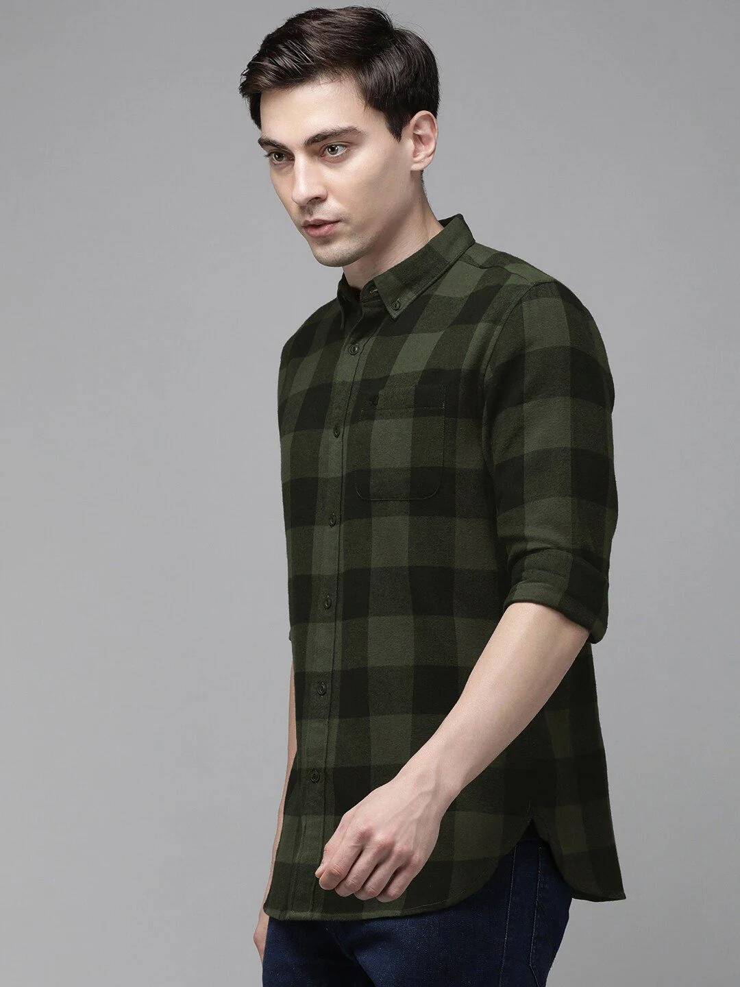THE BEAR HOUSE Men Olive Green Slim Fit Pure Cotton Checked Casual Shirt - Image 3