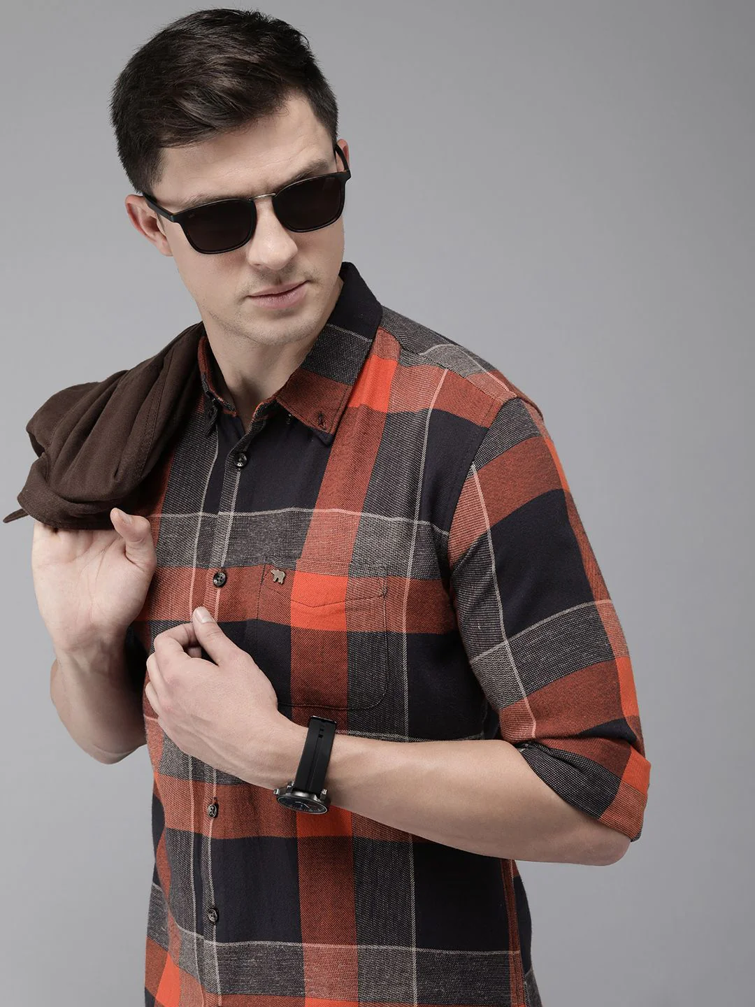 THE BEAR HOUSE Men Orange & Navy Blue Pure Cotton Slim Fit Buffalo Checked Casual Shirt