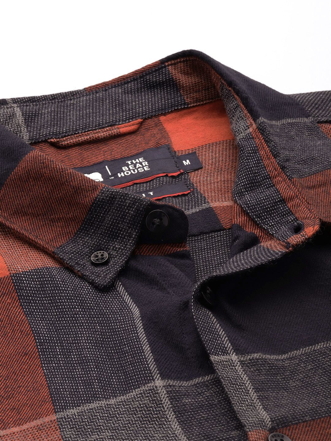 THE BEAR HOUSE Men Orange & Navy Blue Pure Cotton Slim Fit Buffalo Checked Casual Shirt - Image 2