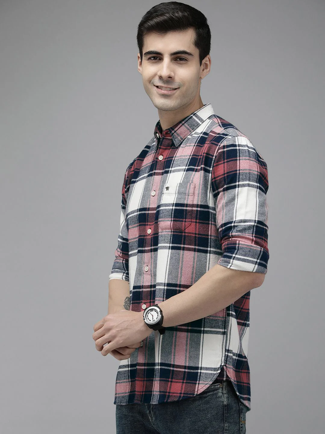 THE BEAR HOUSE Men Pink & Navy Blue Slim Fit Tartan Checked Cotton Casual Shirt - Image 5