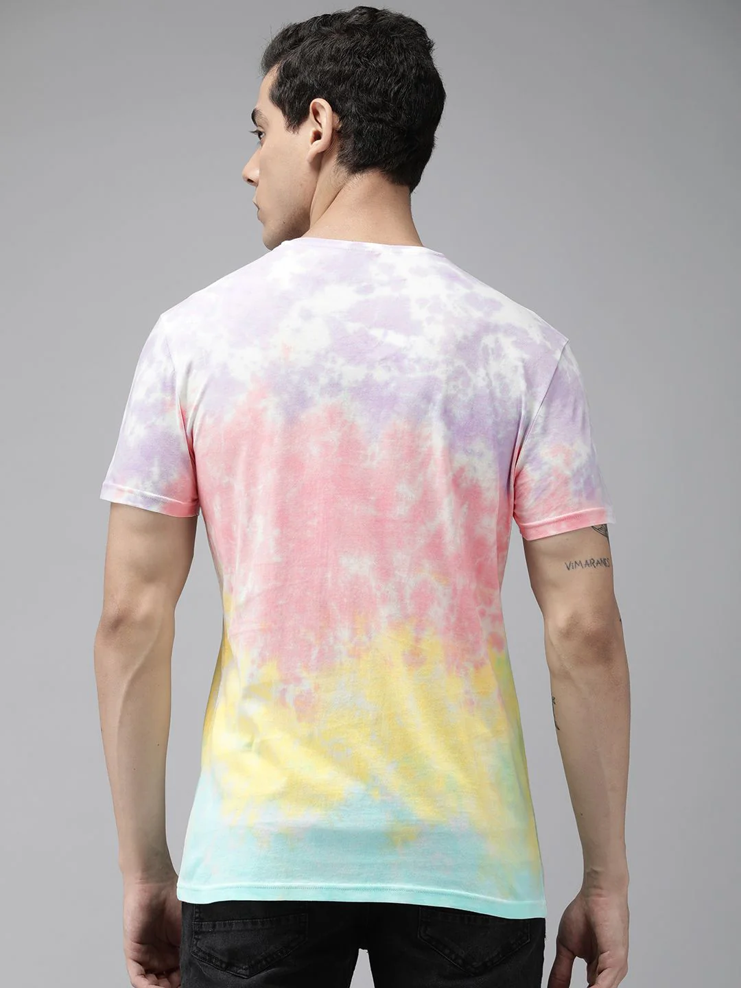 THE BEAR HOUSE Men Pink & Yellow Tie and Dye Pure Cotton Slim Fit T-shirt - Image 5