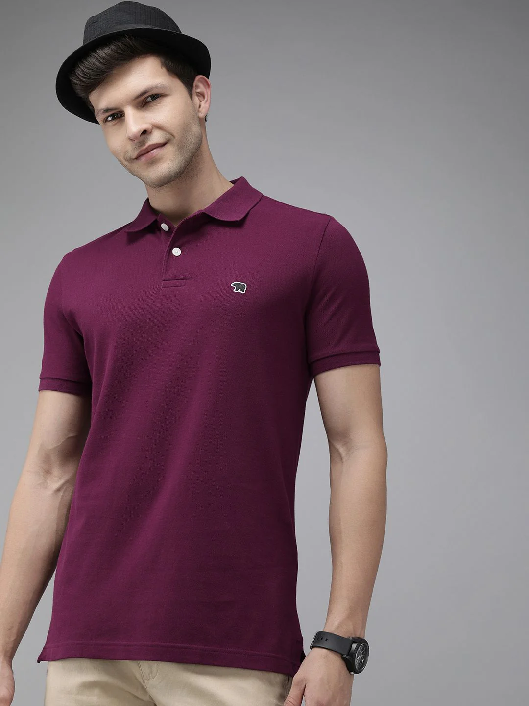 THE BEAR HOUSE Men Purple Polo Collar Pure Cotton Slim Fit T-shirt