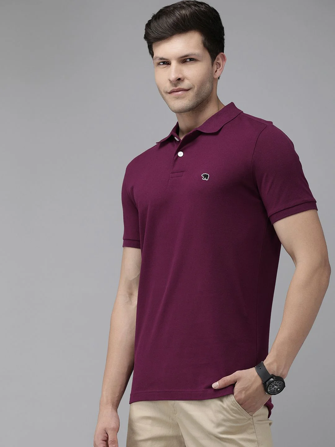 THE BEAR HOUSE Men Purple Polo Collar Pure Cotton Slim Fit T-shirt - Image 3