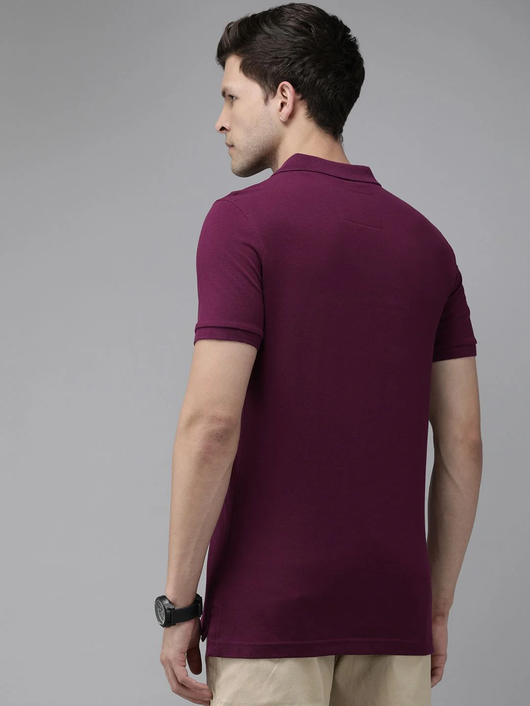 THE BEAR HOUSE Men Purple Polo Collar Pure Cotton Slim Fit T-shirt - Image 5