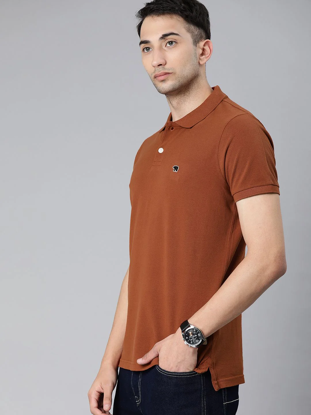 THE BEAR HOUSE Men Rust Brown Solid Polo Collar Pure Cotton T-shirt - Image 3