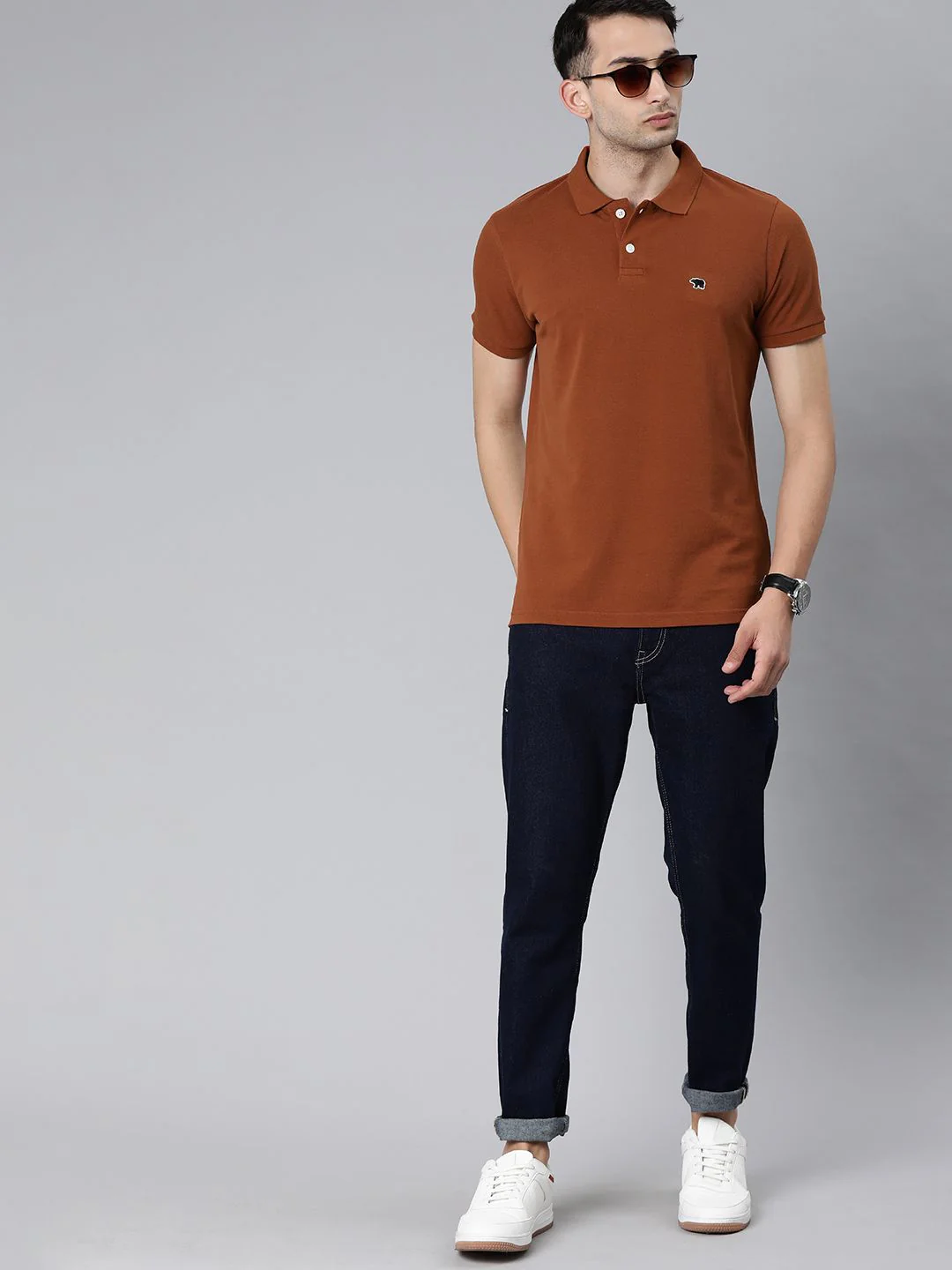 THE BEAR HOUSE Men Rust Brown Solid Polo Collar Pure Cotton T-shirt - Image 4