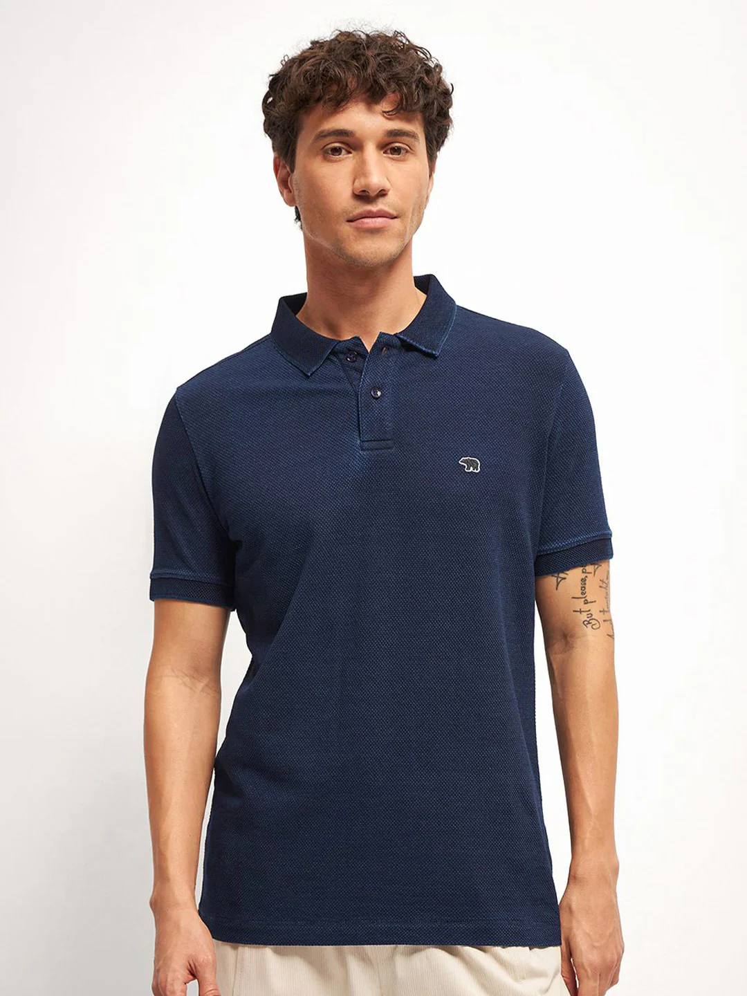 THE BEAR HOUSE Pure Cotton Self Design Polo Collar T-shirt