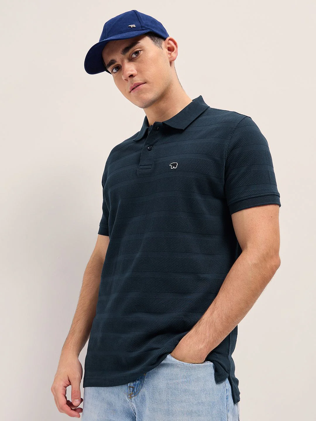 THE BEAR HOUSE Men Self Design Polo Collar Cotton T-shirt - Image 6