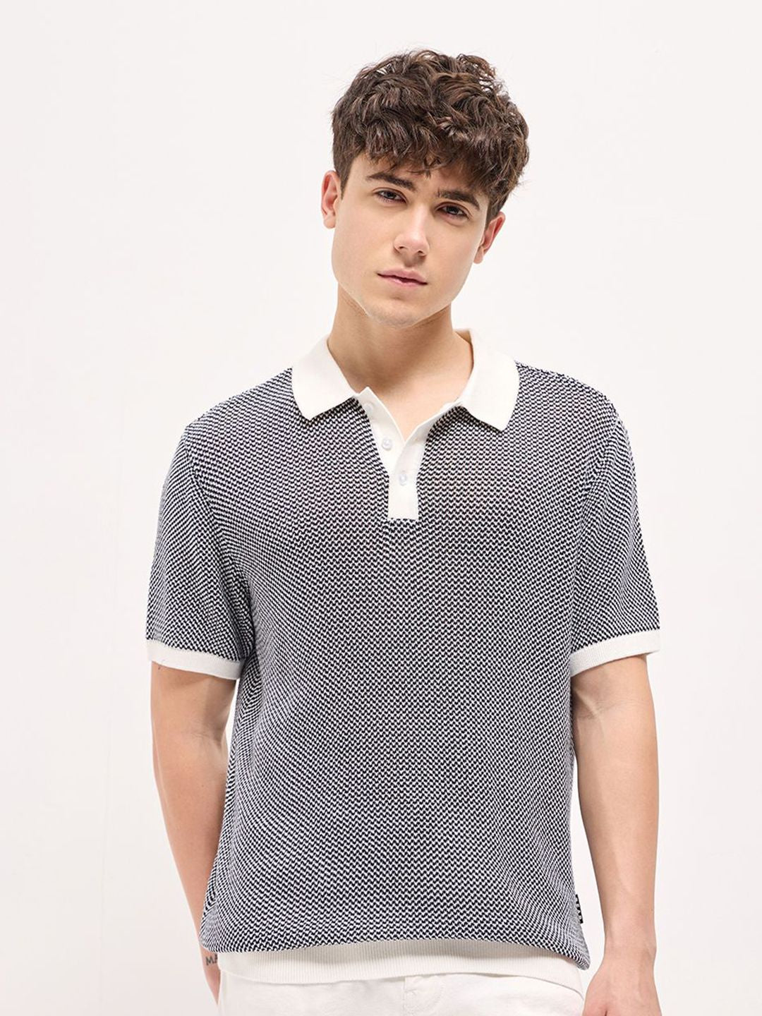 THE BEAR HOUSE Men Self Design Polo Collar Cotton T-shirt - Image 2