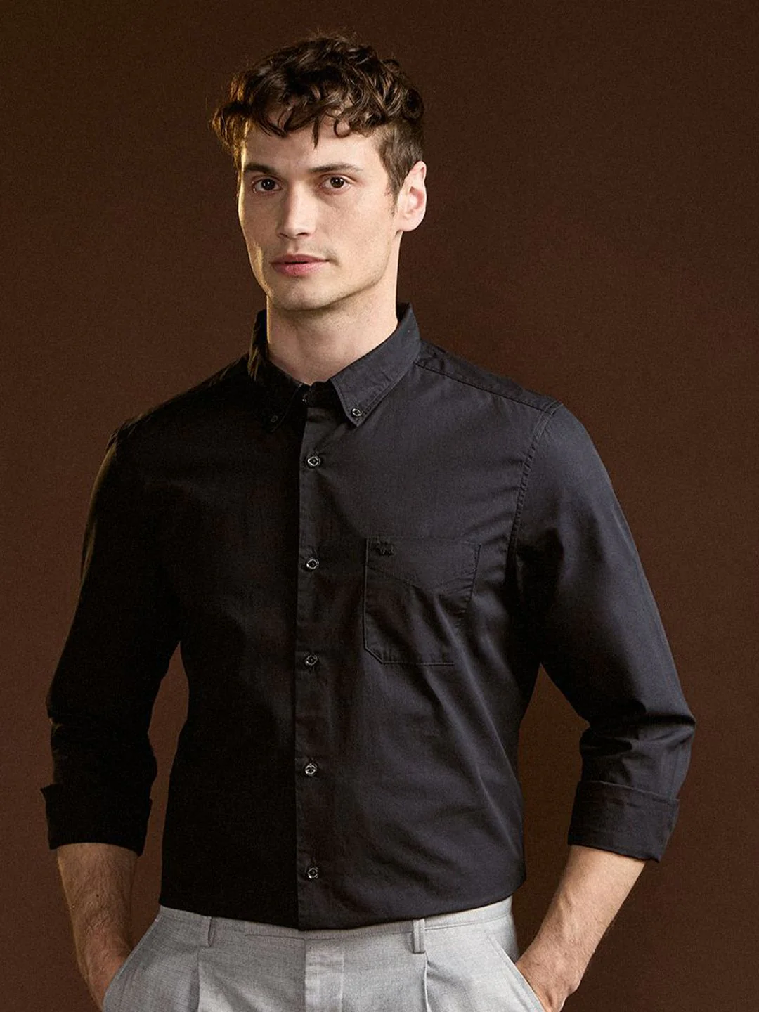THE BEAR HOUSE Men Slim Fit Button-Down Collar Solid Cotton Formal Shirt