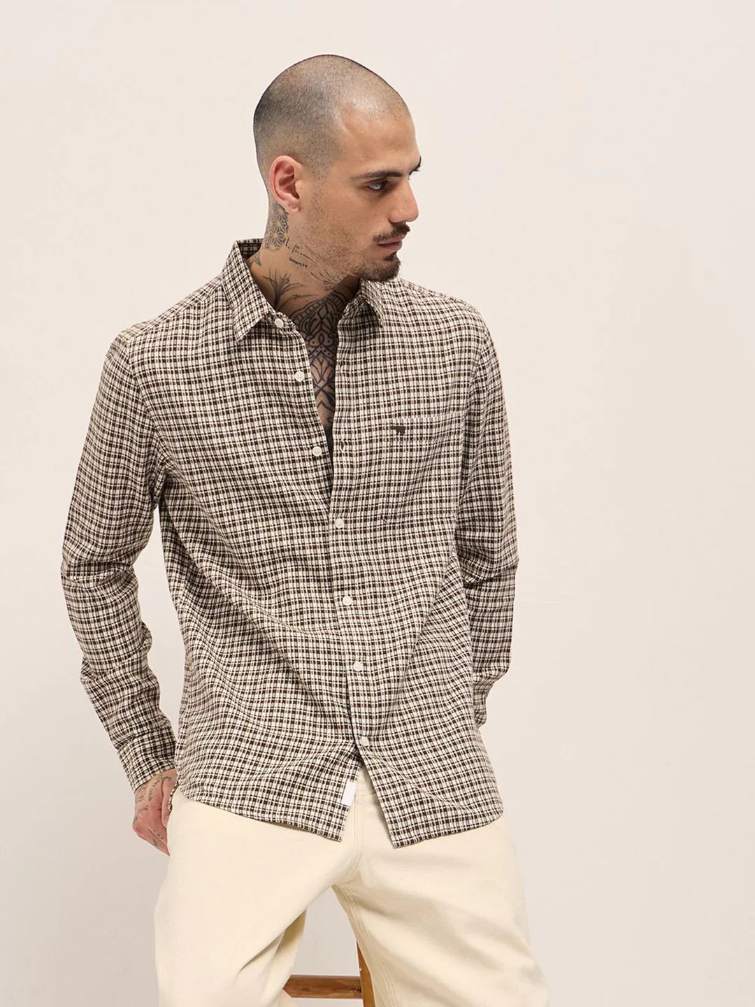THE BEAR HOUSE Men Slim Fit Checked Spread Collar Pure Cotton Casual Shirt