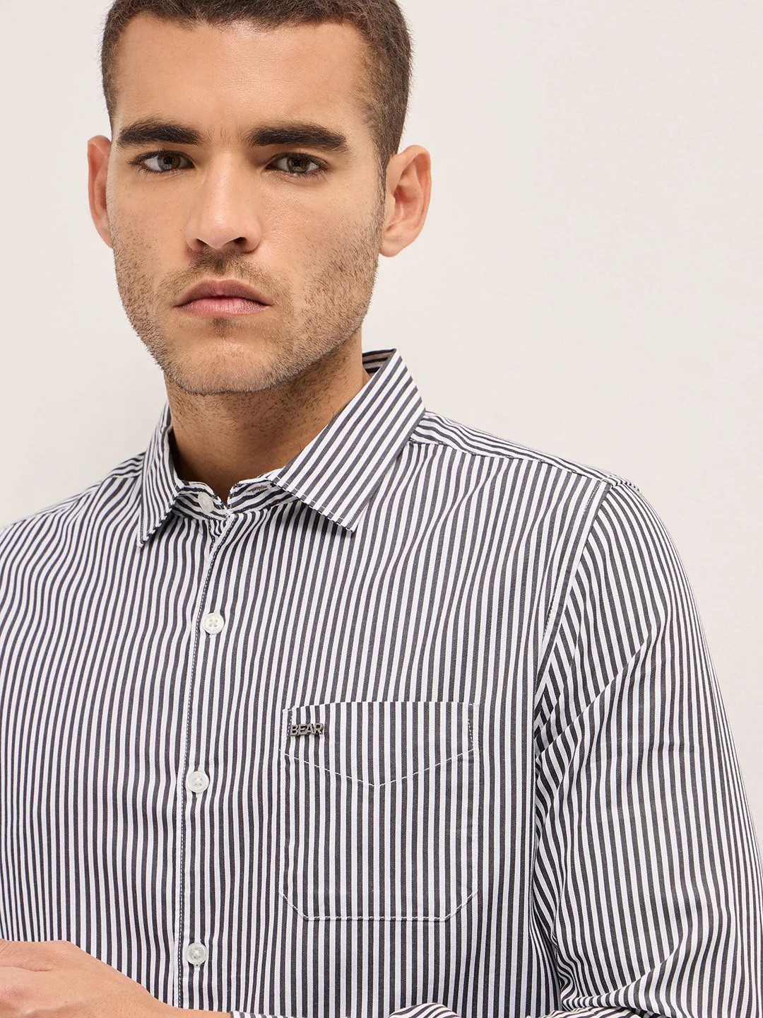 THE BEAR HOUSE Men Slim Fit Spread Collar Vertical Striped Cotton Casual Shirt - Image 2