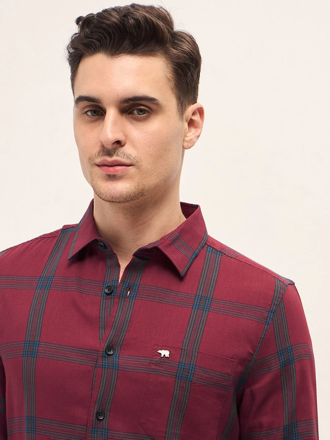 THE BEAR HOUSE Men Slim Fit Spread Collar Windowpane Checked Cotton Casual Shirt - Image 2