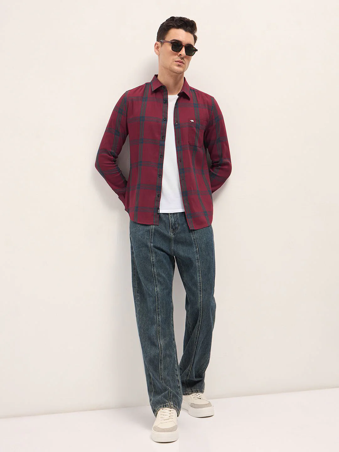 THE BEAR HOUSE Men Slim Fit Spread Collar Windowpane Checked Cotton Casual Shirt - Image 5
