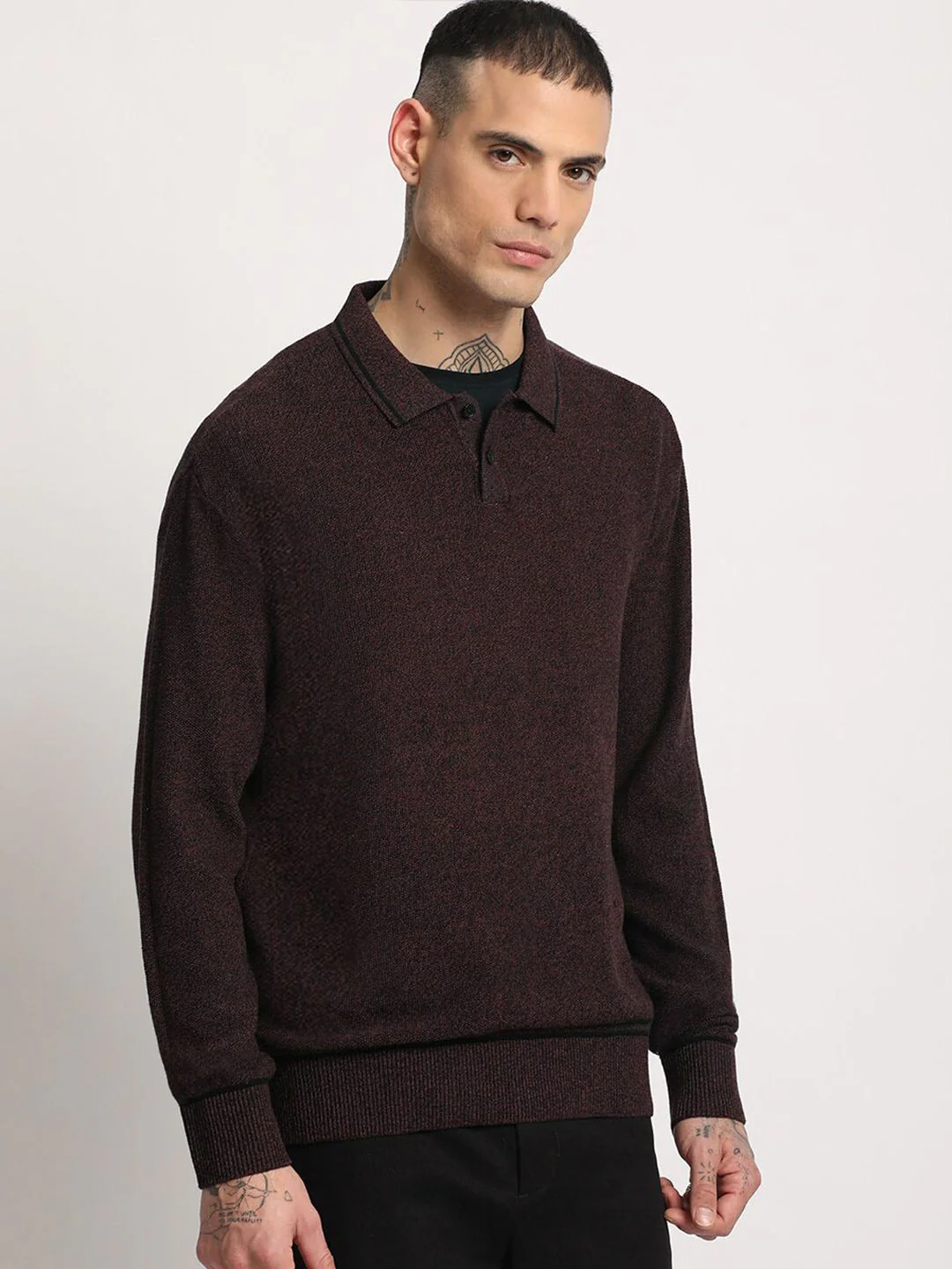 THE BEAR HOUSE Men Solid Pure Cotton Shirt Collar Sweater - Image 5