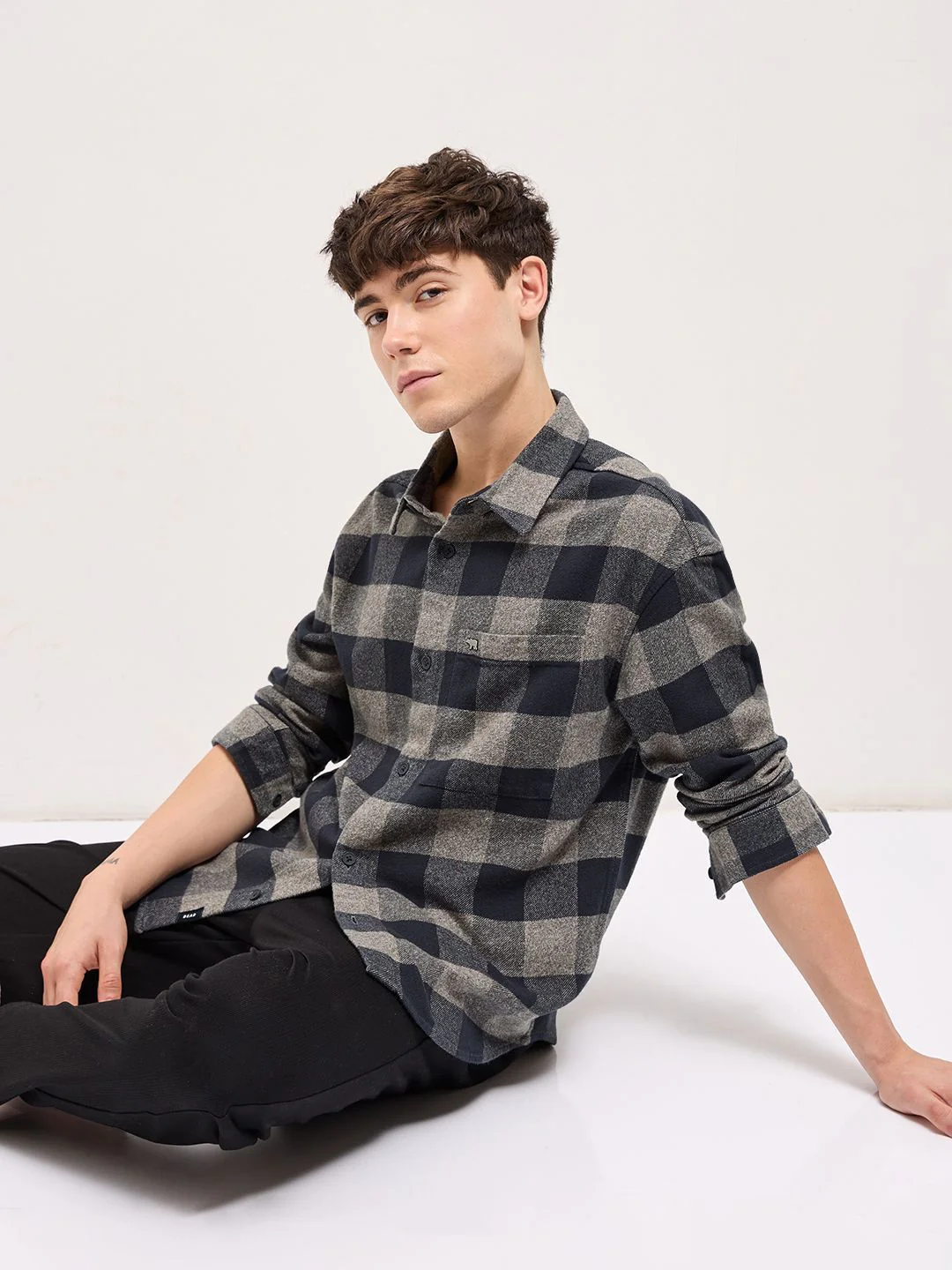 THE BEAR HOUSE Men Spread Collar Buffalo Checked Cotton Shirt