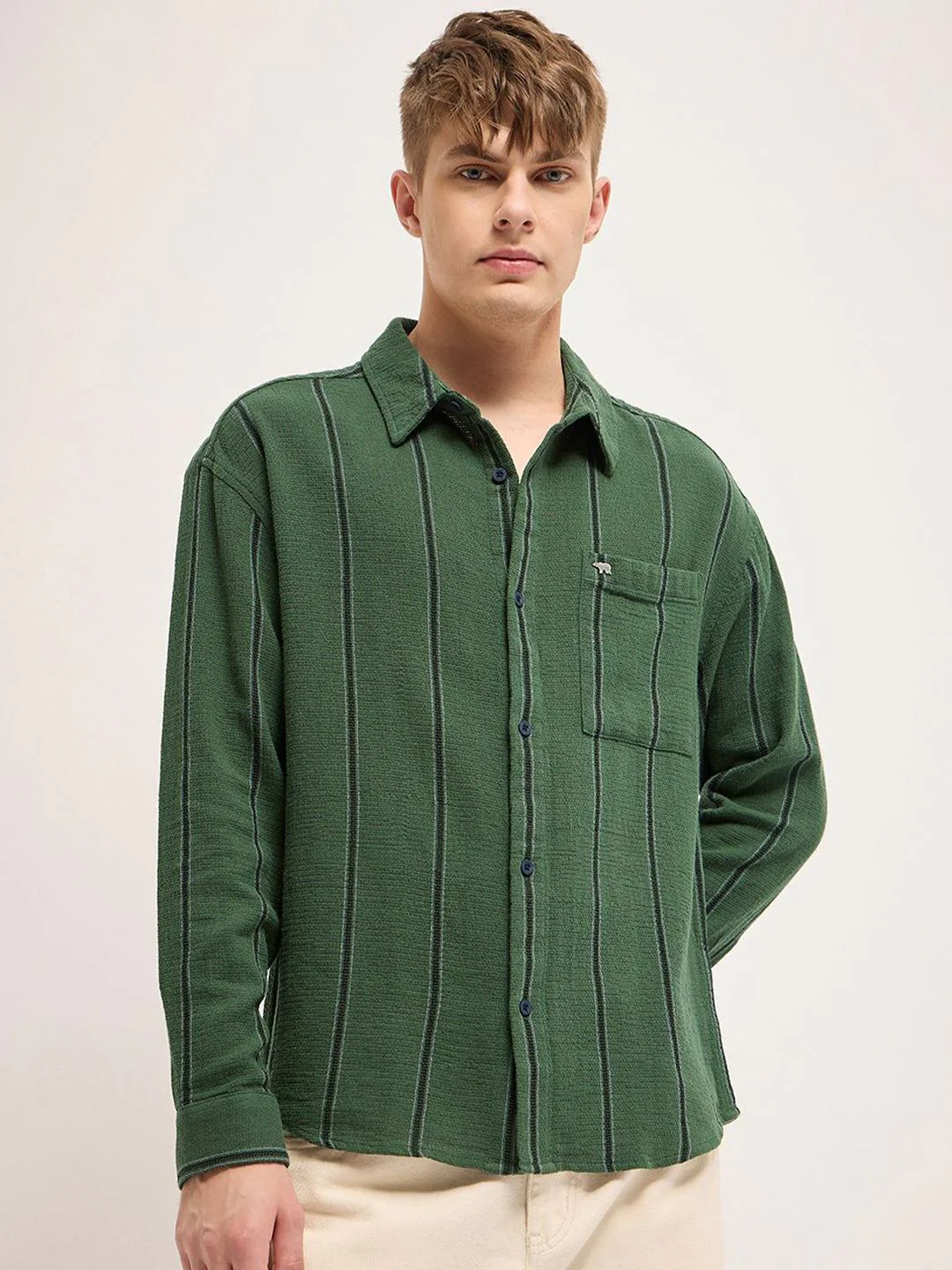 THE BEAR HOUSE Spread Collar Vertical Striped Relaxed Fit Pure Cotton Casual Shirt - Image 2