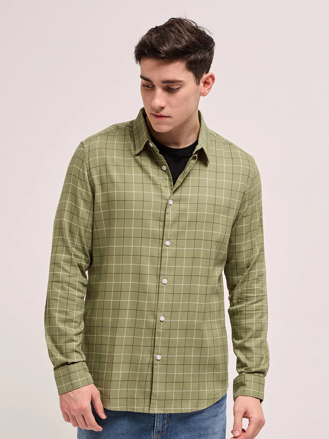 THE BEAR HOUSE Men Spread Collar Windowpane Checked Cotton Slim Fit Casual Shirt - Image 2