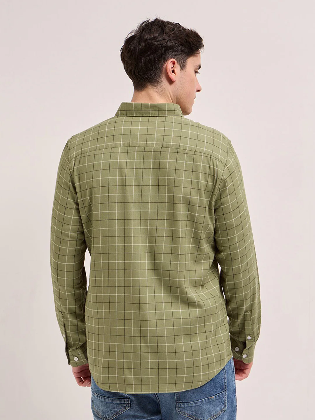 THE BEAR HOUSE Men Spread Collar Windowpane Checked Cotton Slim Fit Casual Shirt - Image 5