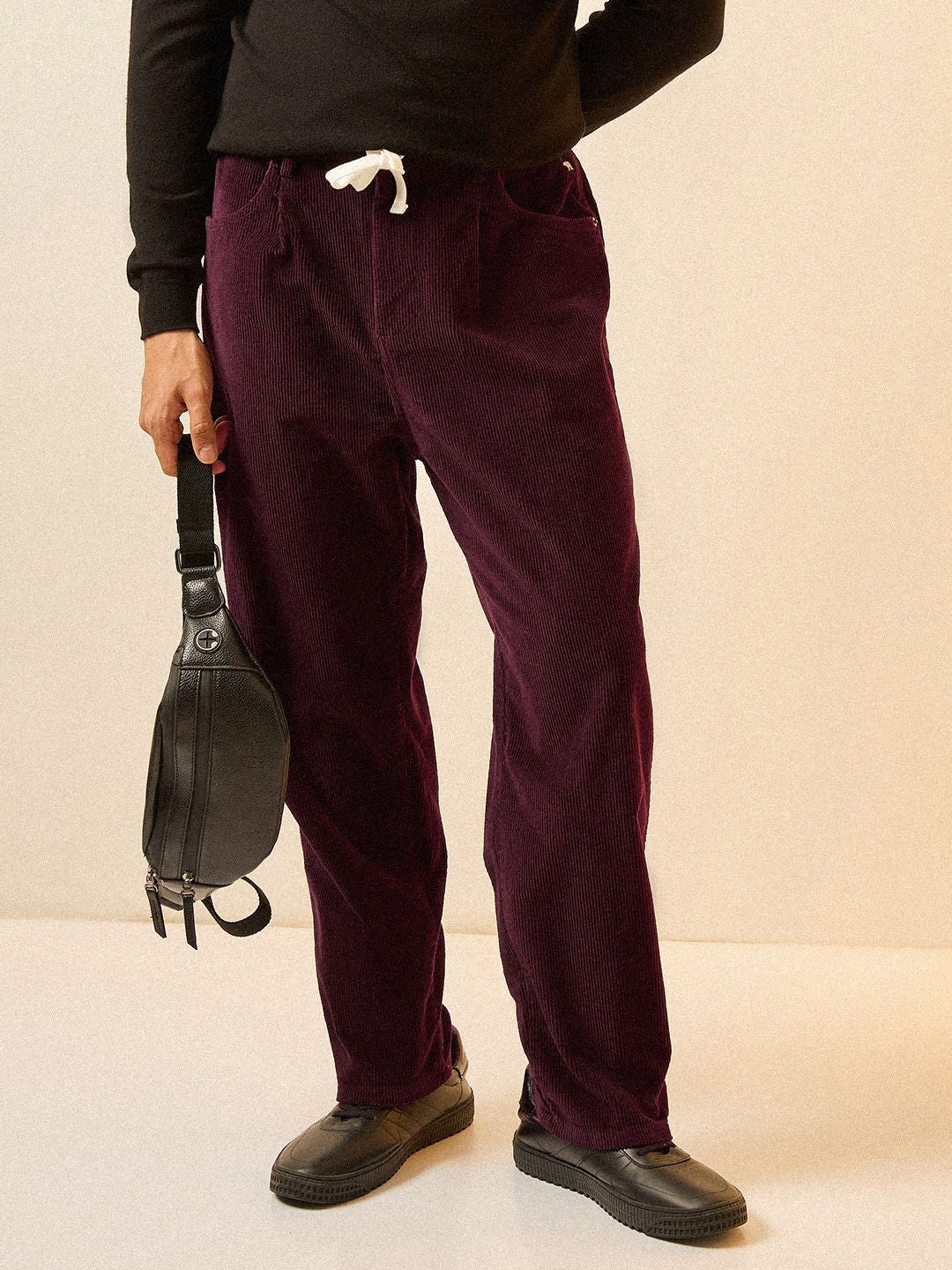 THE BEAR HOUSE Men Striped Loose Fit Corduroy Pleated Chinos Trousers
