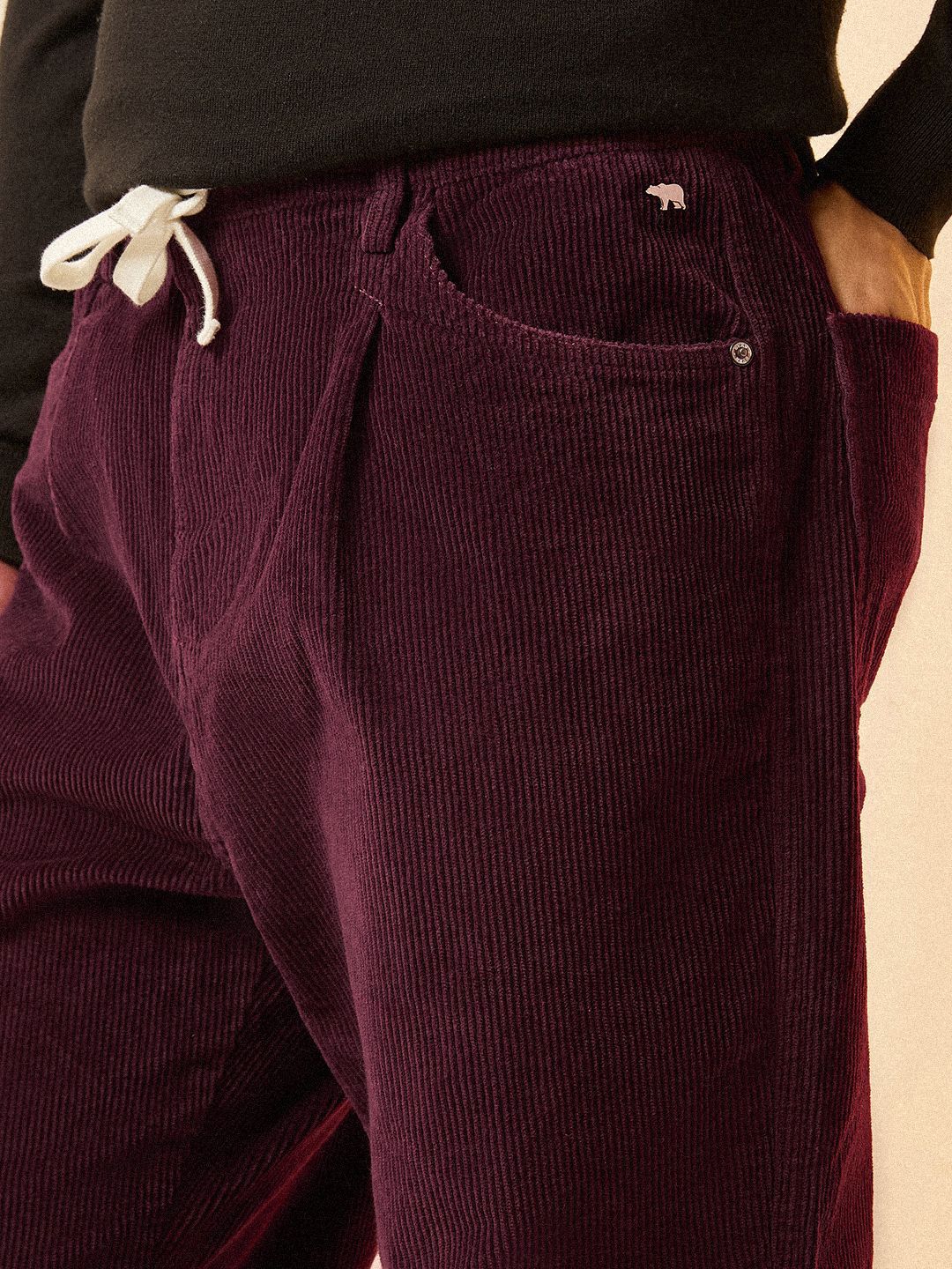 THE BEAR HOUSE Men Striped Loose Fit Corduroy Pleated Chinos Trousers - Image 4