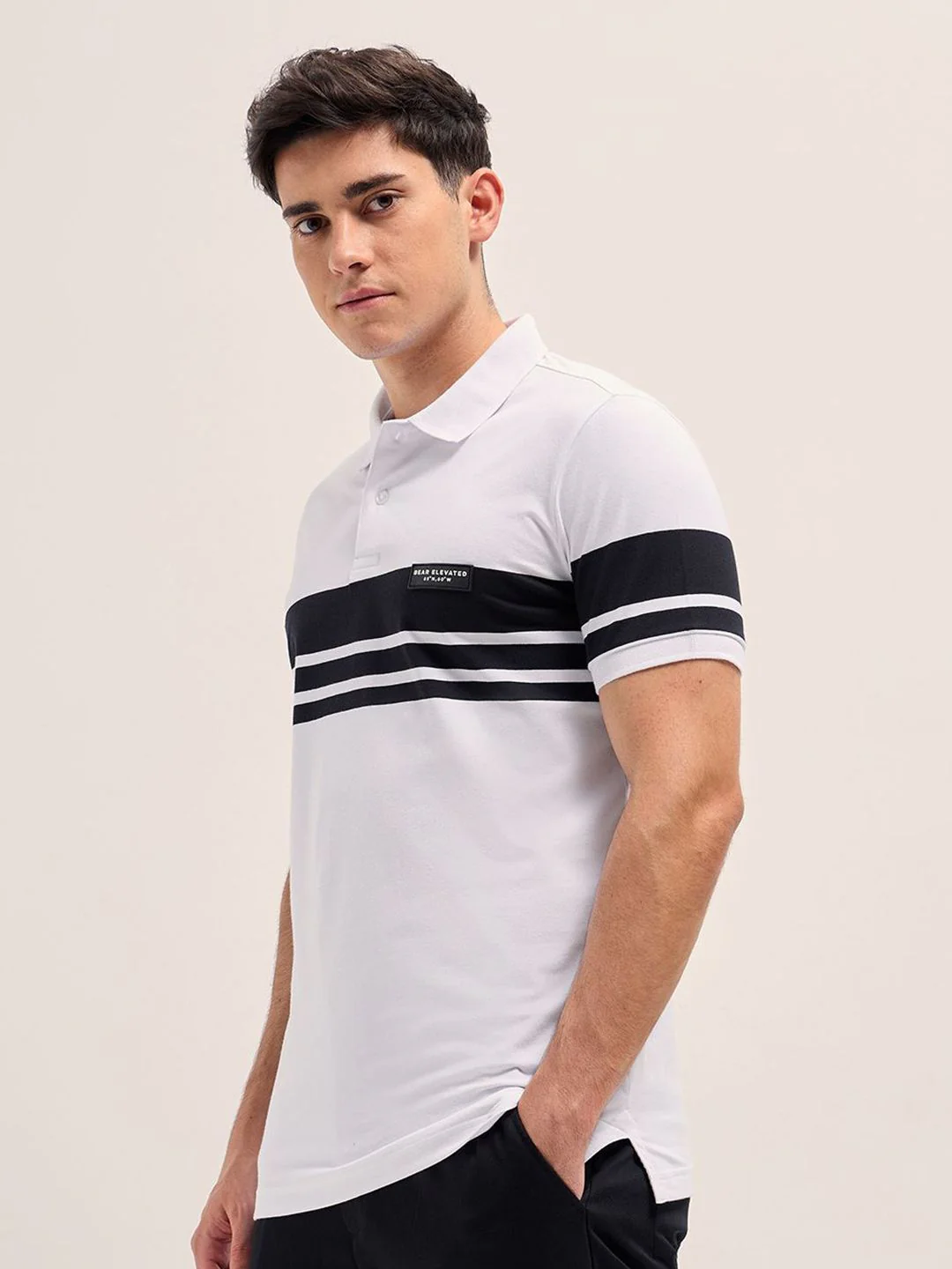 THE BEAR HOUSE Men Striped Polo Collar Cotton T-shirt - Image 5