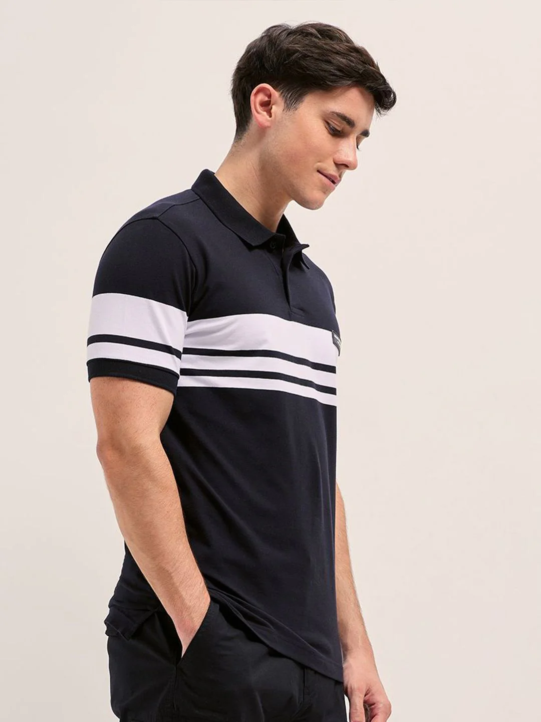 THE BEAR HOUSE Men Striped Polo Collar Cotton T-shirt - Image 5