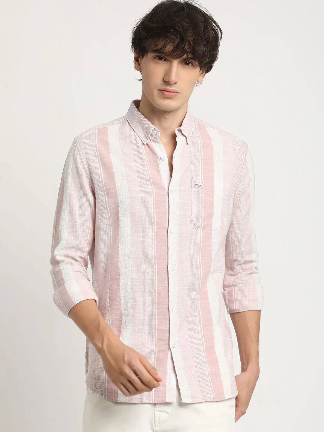 THE BEAR HOUSE Men Striped Slim Fit Casual Shirt with Button-Down Collar and Long Sleeves - Image 2