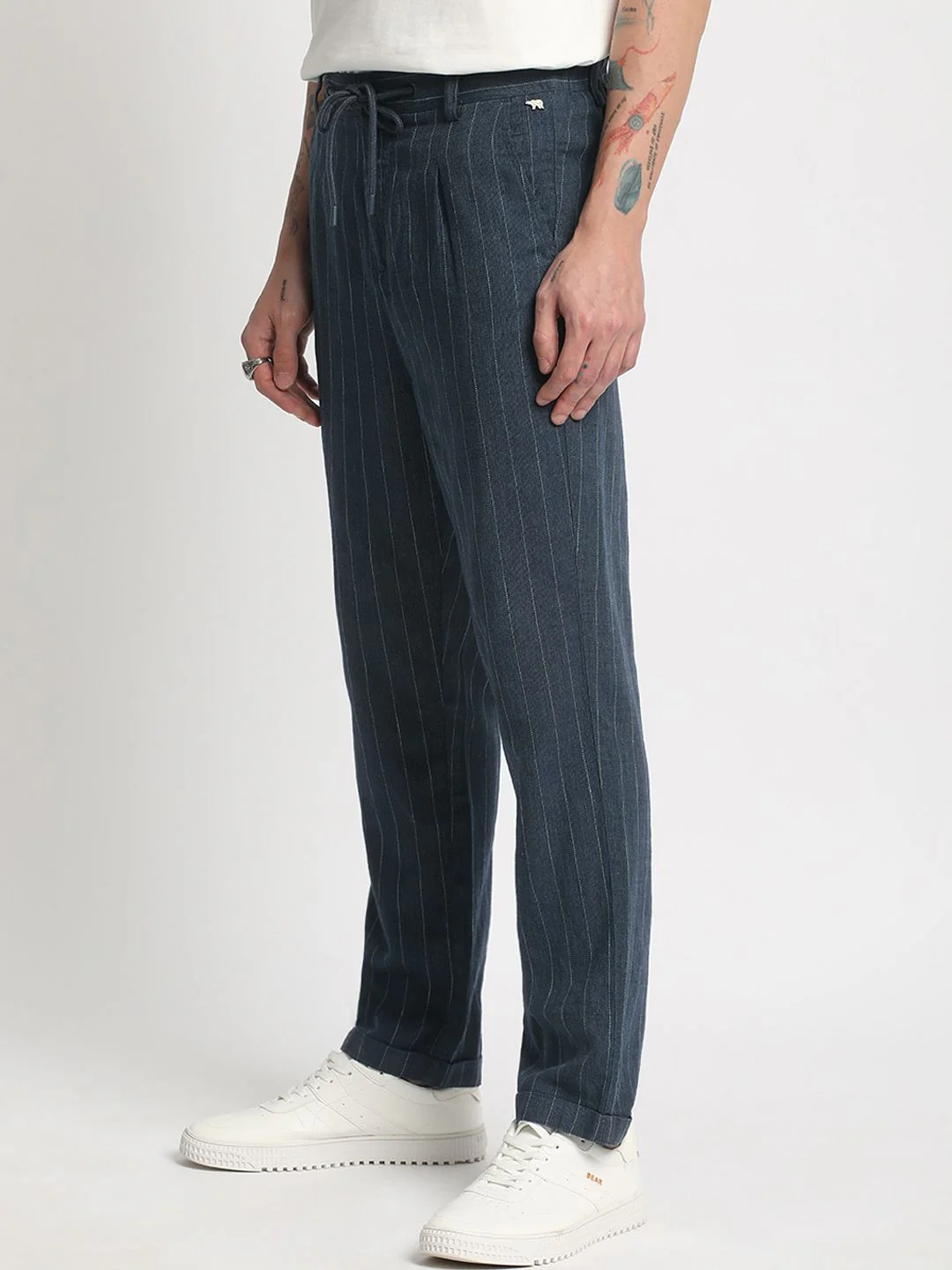 THE BEAR HOUSE Men Striped Tapered Fit Pleated Trousers