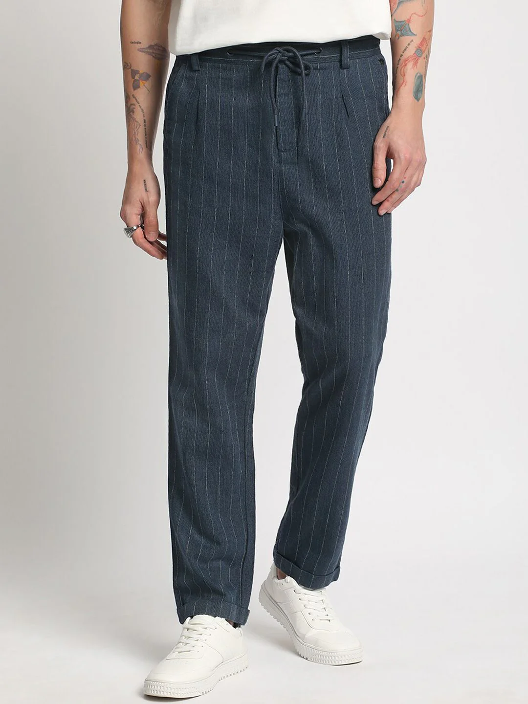 THE BEAR HOUSE Men Striped Tapered Fit Pleated Trousers - Image 2