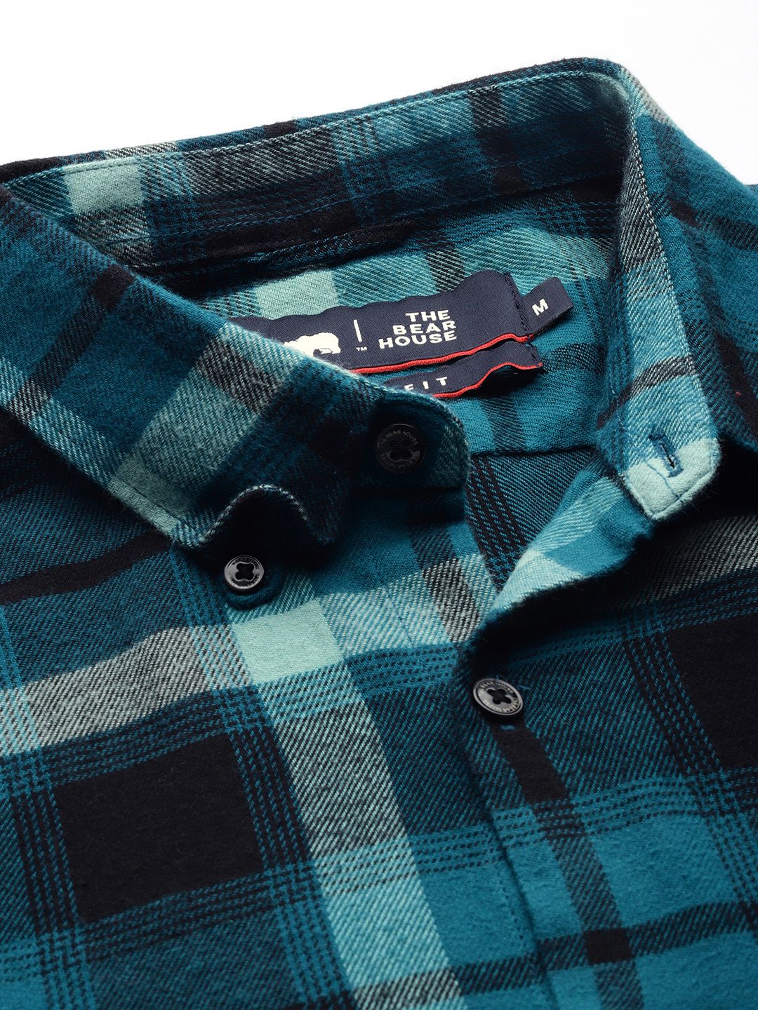 THE BEAR HOUSE Men Teal Blue & Black Slim Fit Checked Flannel Casual Shirt - Image 2