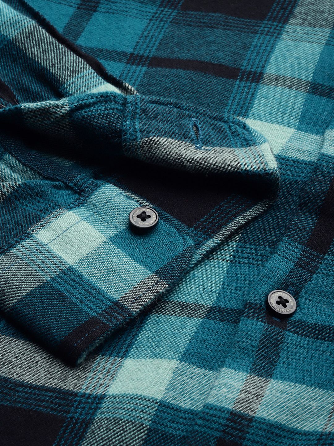 THE BEAR HOUSE Men Teal Blue & Black Slim Fit Checked Flannel Casual Shirt - Image 3
