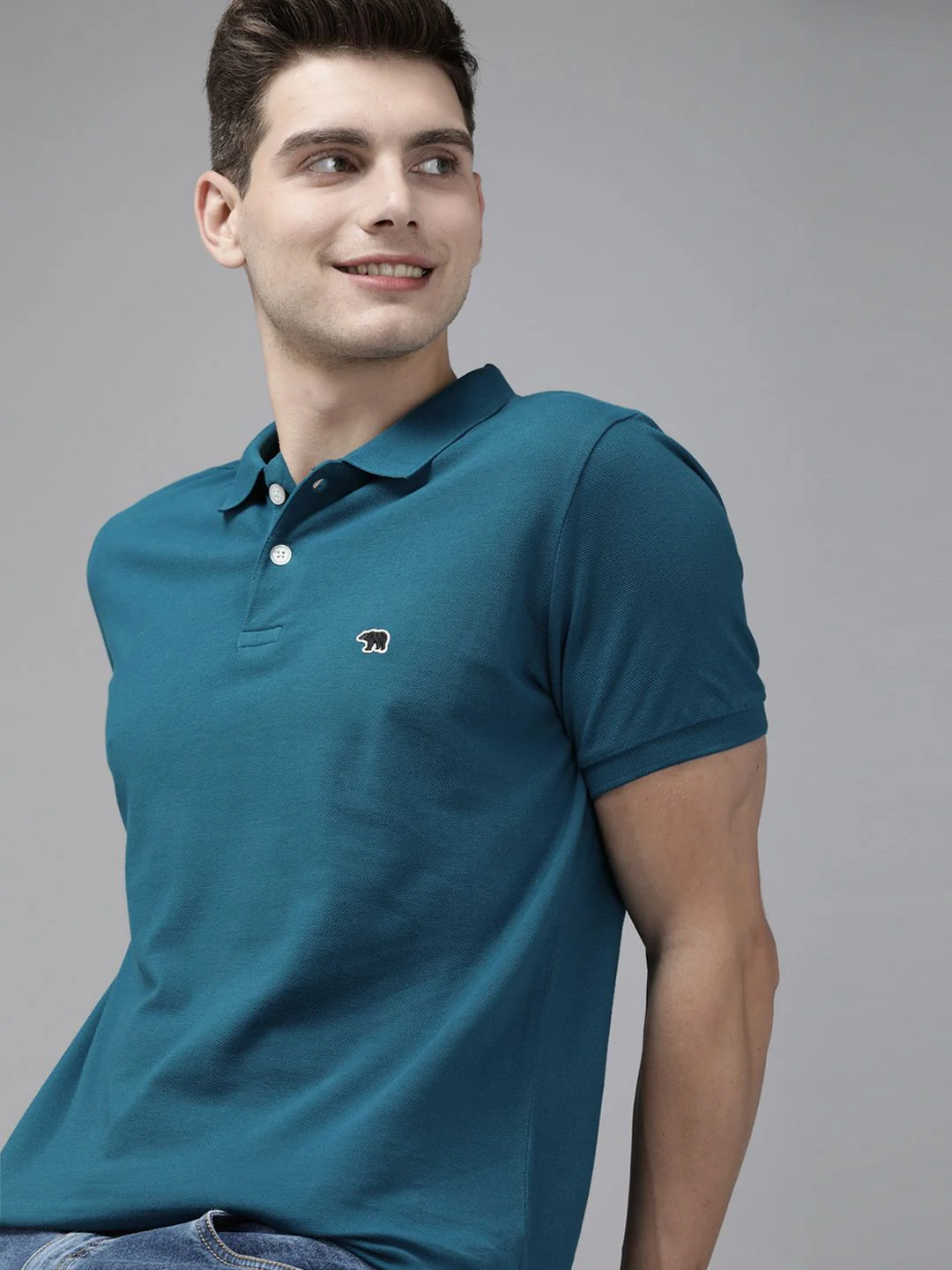 THE BEAR HOUSE Men Teal Blue Polo Collar Slim Fit Cotton Pure Cotton T-shirt - Image 2
