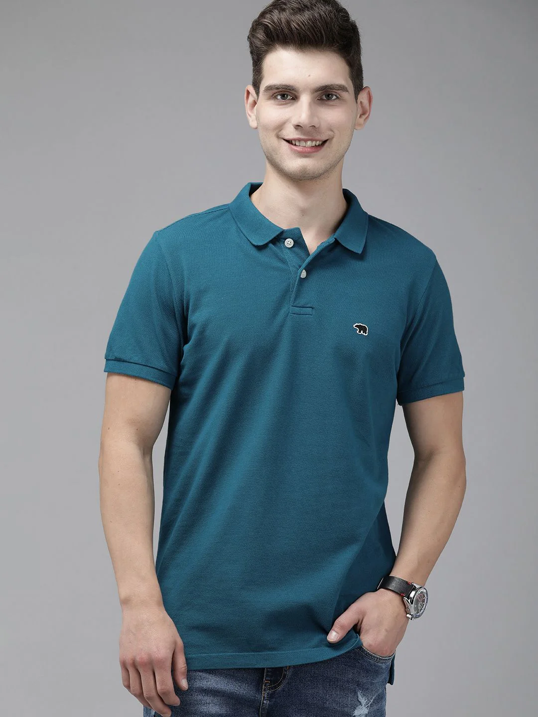 THE BEAR HOUSE Men Teal Blue Polo Collar Slim Fit Cotton Pure Cotton T-shirt - Image 5